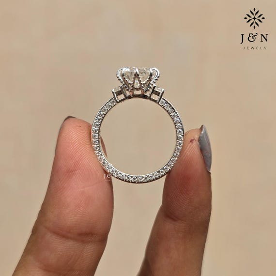 Round Cut Moissanite Engagement Ring Three Stone Tulip Setting Ring 14K Solid Gold Wedding Ring For Her Anniversary Gift Pave Band Ring