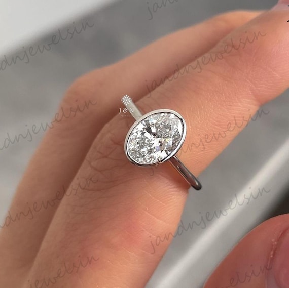 Bezel Set Oval Engagement Ring 3 CT Oval Cut Moissanite Ring 14K Gold Wedding Ring Oval Solitaire Diamond Ring Anniversary Ring For Women