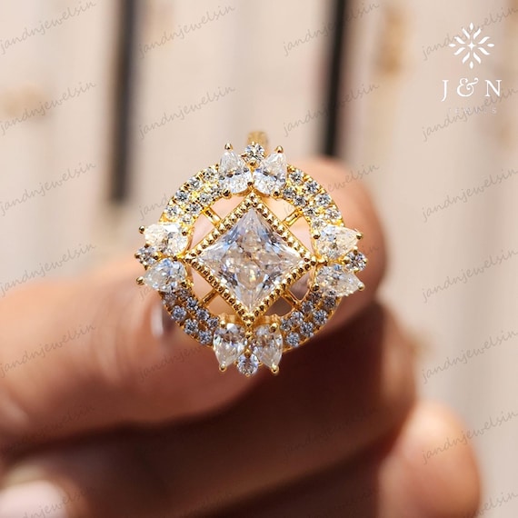 Art Deco Princess Cut Moissanite Engagement Ring Vintage Floral Halo Ring Teardrop Diamond Ring 14K Gold Statement Ring Anniversary Gift