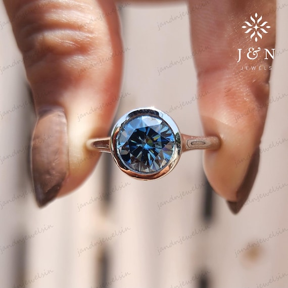 2CT Round Royal Blue Moissanite Engagement Ring Bezel Set Solitaire 14k Gold Wedding Ring Anniversary Gift Proposal For Her
