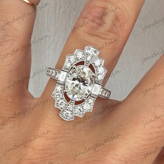 Vintage Oval Moissanite Engagement Ring Art Deco Halo Diamond Ring Antique Milgrain Baguette Accent Unique Anniversary Gift for Her
