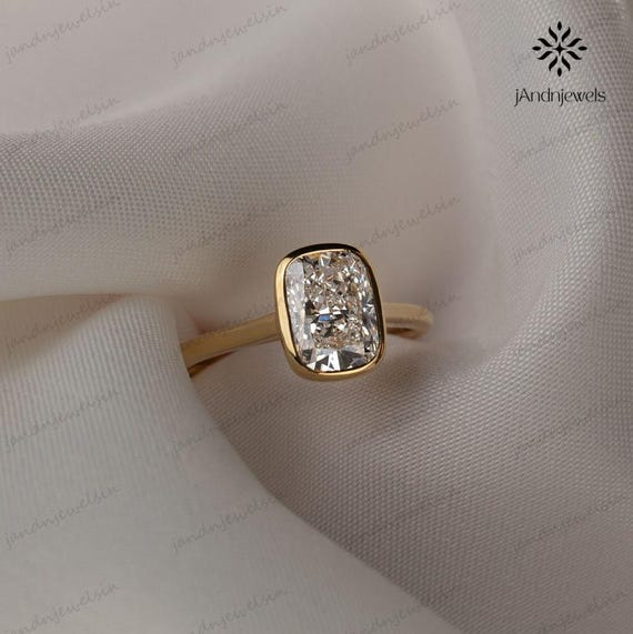 3 CT Elongated Cushion Cut Solitaire Bezel Set Moissanite Engagement Ring, 14K Yellow Gold Solitaire Wedding Ring, Anniversary Ring For Her