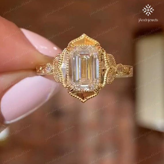 2CT Emerald Cut Moissanite Engagement Ring 14K Gold Vintage Milgrain Filigree Solitaire Ring Art Deco Ring Wedding Bridal Ring For Her