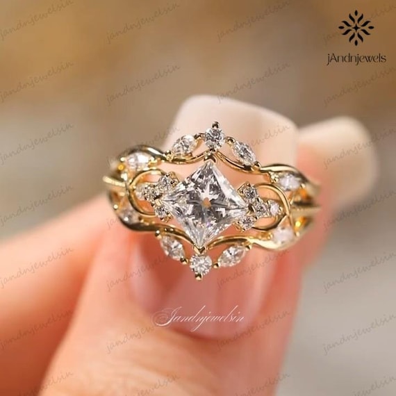 Vintage 2CT Princess Cut Moissanite Diamond Engagement Ring Set 14K Solid Gold Unique Matching Band Wedding Bridal Ring Set Gift For Her