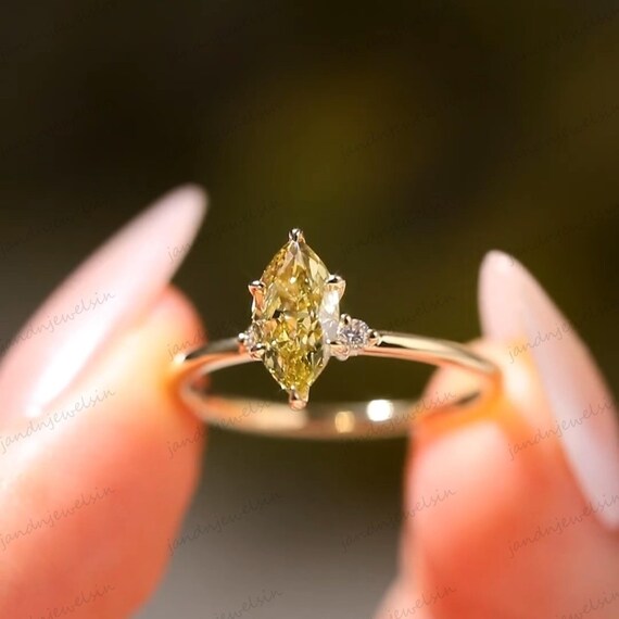 2CT Marquise Cut Yellow Diamond Engagement Ring 14K Gold Side Accents Ring Yellow Pear Moissanite Ring Wedding Ring Anniversary Gift