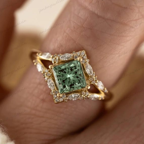 Green Princess Cut Moissanite Engagement Ring Vintage Art Deco Ring 14K Gold Diamond Halo Ring Unique Bridal Ring Anniversary Gift for Her