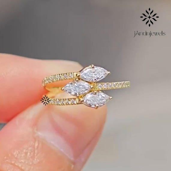 Triple Marquise Moissanite Diamond Engagement Ring Unique Promise Ring Anniversary Gift in 14K Gold Paved Accent Ring For Women