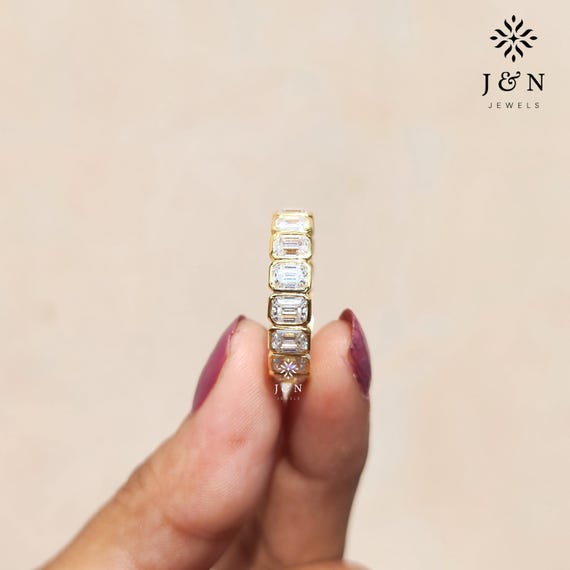 Bezel Set Full Eternity Band Emerald Cut Moissanite Engagement Band 14K Solid Yellow Gold Band Minimalist Wedding Stackable Band For Women