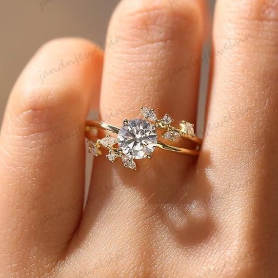 2CT Round Cut Moissanite Engagement Ring 14K Gold Floral Ring Cluster Ring Vintage Bridal Ring Wedding Ring Anniversary Gift For Women