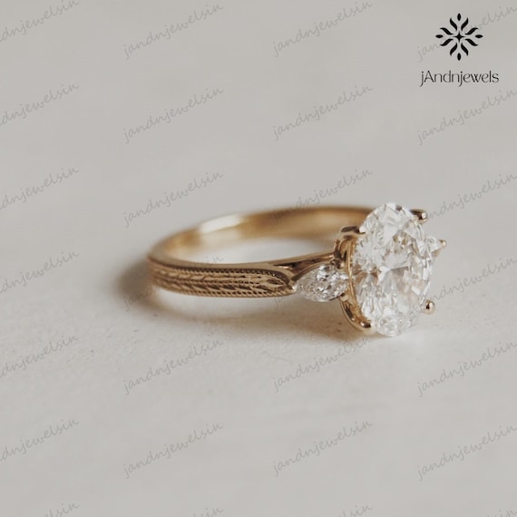 Vintage Engraved Band 3CT Oval Cut Moissanite Engagement Ring Pear Side Stone Ring 14K Gold Bridal Ring Promise Ring for Her Proposal Ring
