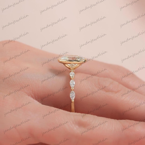 3CT Gold Bridal Ring Set with Marquise Diamond Band Oval Bezel Set Moissanite Engagement Ring Set Wedding Ring Set Gift for Her