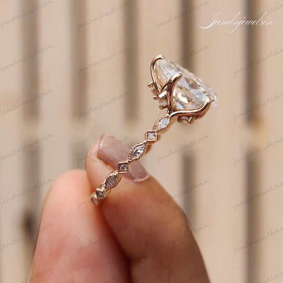 3CT Pear Cut Moissanite Engagement Ring Vintage Milgrain Ring 14K Rose Gold Ring Teardrop Wedding Ring Unique Bridal Ring for Her