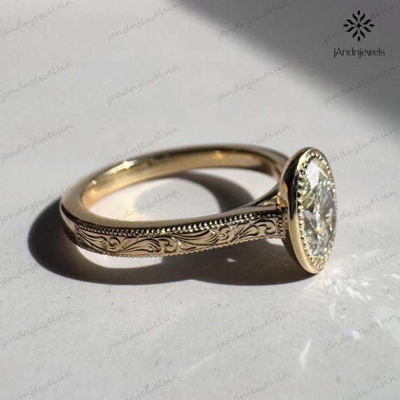 Bezel Set 2 CT Oval Cut Moissanite Engagement Ring, Vintage Art Deco 14K Gold Wedding Ring, Oval Diamond Solitaire Ring, Milgrain Set Ring