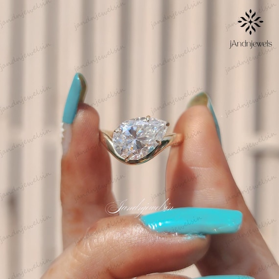 3CT Pear Cut Moissanite Engagement Ring 14K Gold Solitaire Unique Bypass Setting Wedding Ring Promise Ring Dainty Ring Gift For Her