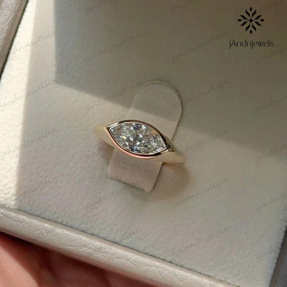 East West Ring, 1.5 CT Marquise Cut Moissanite Engagement Ring, 14K Solid Yellow Gold Ring, Bezel Set Ring, Solitaire Ring, Promise Ring