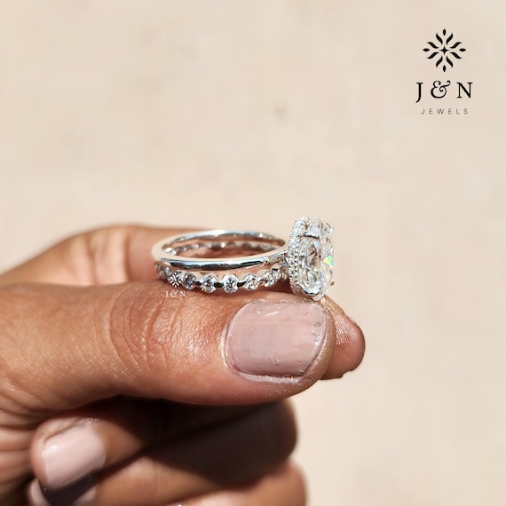 3CT Oval Moissanite Engagement Ring 14K Gold Hidden Halo Solitaire Ring with Diamond Eternity Band Classic Bridal Set Dainty Wedding Ring