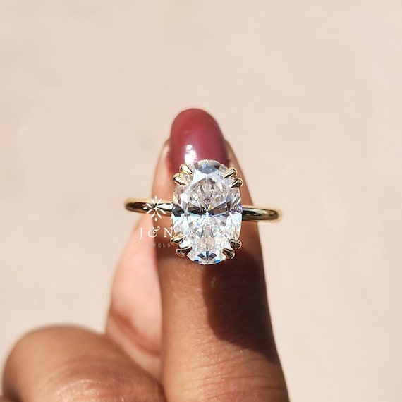 Oval Moissanite Engagement Ring Hidden Halo 14K Gold Solitaire Ring Personalized GA Initial Wedding Band Personalized Promise Ring for Her