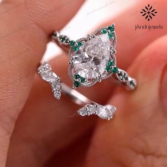 Art Deco 2 CT Pear Moissanite Engagement Ring Set Emerald Green Accent Halo • Vintage Teardrop Bridal Ring Unique Pear Wedding Ring Set