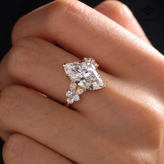 4CT Marquise Cut Moissanite Engagement Ring Marquise Solitaire Ring 14K Gold Cluster Ring Nature Inspired Wedding Ring Unique Bridal Ring