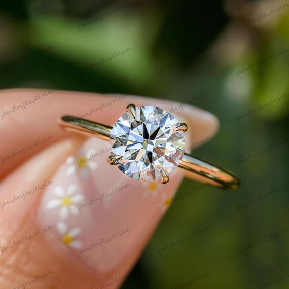 Classic Round Moissanite Solitaire Ring 14K Solid Gold Ring 6 Prong Engagement Ring Dainty Thin Gold Wedding Band Minimalist Proposal Ring