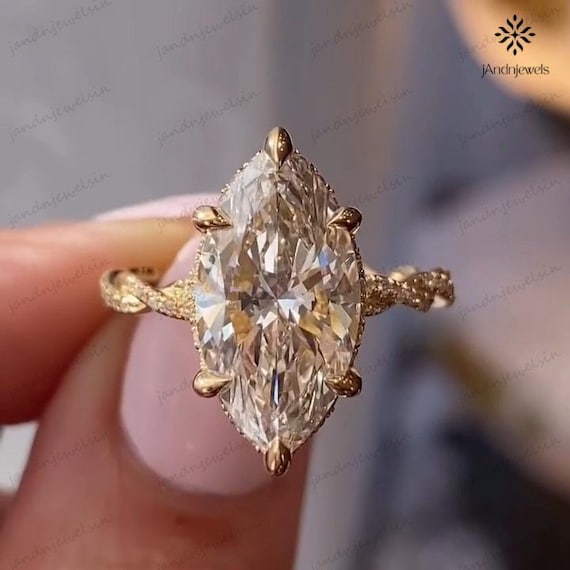 4CT Oval Cut Moissanite Engagement Ring Hidden Halo Ring Twisted Gold Band Ring Solitaire Marquise Diamond Ring Wedding Ring Proposal Ring