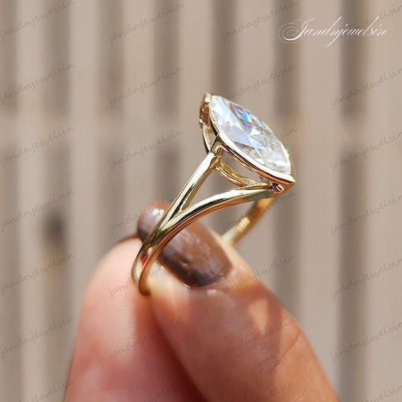 Split Shank Marquise Cut Moissanite Engagement Ring Half Bezel Set Ring 14K Gold Solitaire Ring Wedding Ring Anniversary Gift