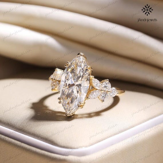 3CT Marquise Cut Moissanite Engagement Ring 14K Gold Flower Cluster Ring Vintage Art Deco Bridal Wedding Ring For Her Marquise Ring