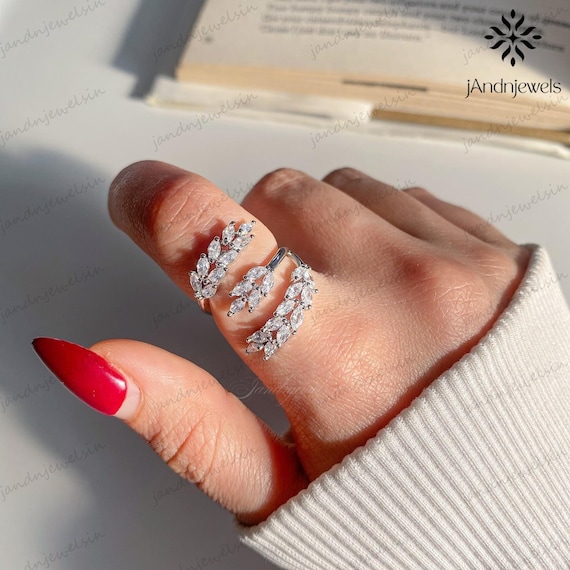 Leaf Marquise Moissanite Open Ring 14K Solid Gold Adjustable Nature Inspired Double Band Statement Ring Anniversary Gift for Women
