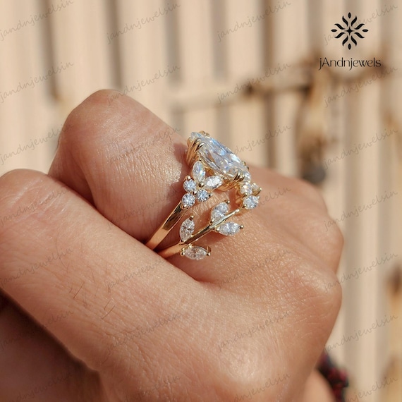 1.7CT Marquise Cut Moissanite Engagement Ring Set 14K Solid Gold Cluster Ring Nature Inspired Bridal Ring Set Wedding Ring