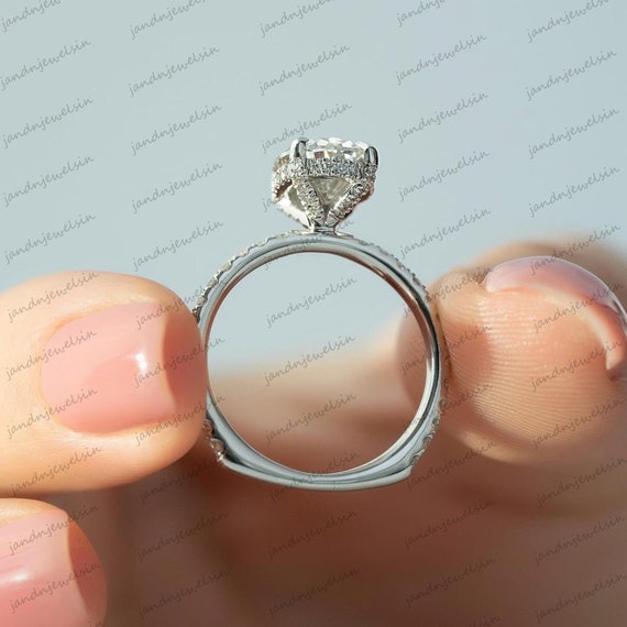 Oval Cut Moissanite Engagement Ring Euro Shank Ring 14K White Gold Hidden Halo Pave Diamond Band Classic Solitaire Bridal Ring Gift for Her