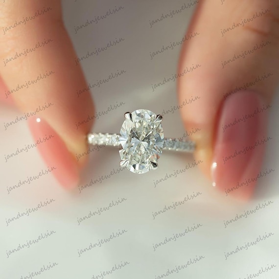 Euro Shank Oval Cut Moissanite Engagement Ring Oval Solitaire Ring Wedding Ring14K Gold Ring Hidden halo Bridal Ring Pave Band Ring for Her