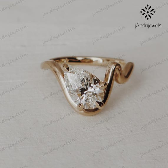 3CT Pear Cut Moissanite Bypass Engagement Ring 14K Gold Twisted Shank Solitaire Ring Pear Cut Unique Ring Wedding Ring Proposal Ring