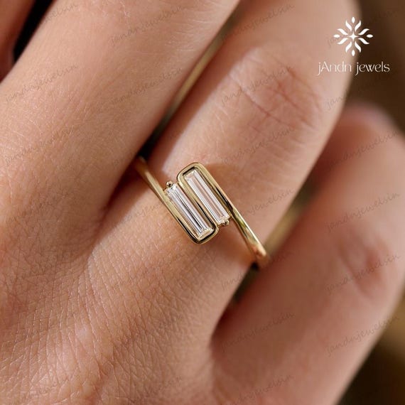 Elegant Baguette Cut Double Stone Ring Minimalist 14K Gold Band Modern Geometric Design Perfect Gift for Her Everyday Wear Jewelry
