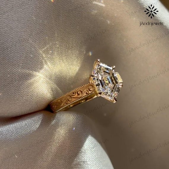 Vintage Engraved Engagement Ring Hexagon Cut Moissanite Ring 14K Gold Wedding Ring Antique Ring Filigree Bridal Ring Anniversary Gifts