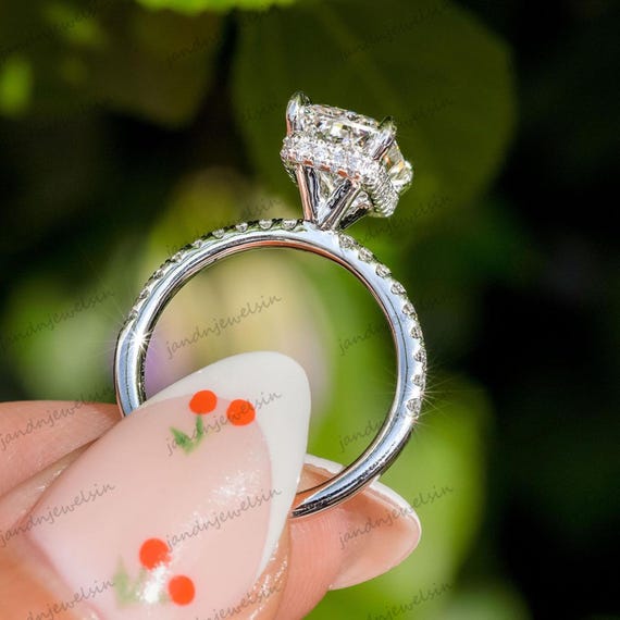 4CT Radiant Cut Moissanite Engagement Ring Hidden Halo with Pave Band Solitaire 14K Gold Ring Wedding Ring Anniversary Gift