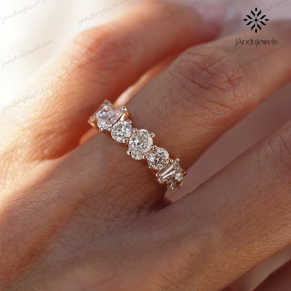 Pear Round Oval Trapezoid Moissanite Diamond Band 14K Solid Gold Multi Stone Eternity Band Unique Wedding Anniversary Ring Gift for Her