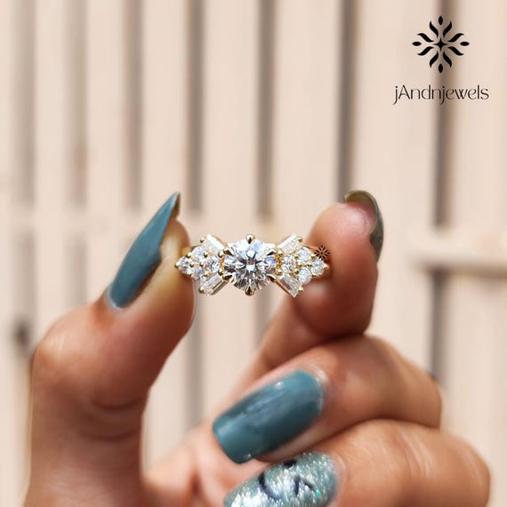 Vintage Round Moissanite Engagement Ring Set 14K Gold Nature Inspired Bridal Ring Enhancer Wedding Ring Anniversary Gift Proposal Ring