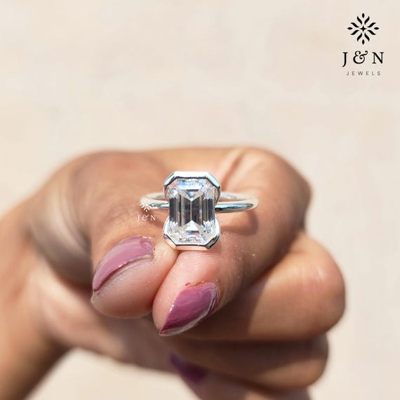 2CT Emerald Cut Engagement Ring Half Bezel Set Colorless Moissanite Diamond Ring Solitaire Solid Gold Wedding Ring Anniversary Ring For Her
