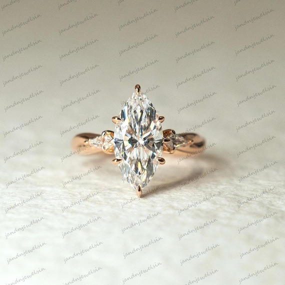 Marquise Cut Moissanite Engagement Ring 14K Rose Gold Unique Solitaire Ring Vintage Inspired Wedding Anniversary Promise Ring for Women