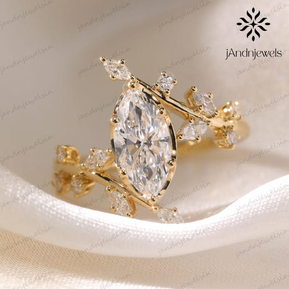 Nature Inspired 2 CT Marquise Cut Moissanite Engagement Ring, Unique Leaf Wine Ring, Vintage 14K Gold Wedding Ring, Boho Marquise Ring