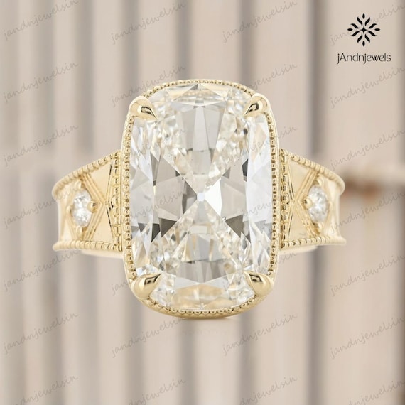 5CT Old Mine Cushion Moissanite Ring 14K Gold Bezel Set Engagement Ring Antique Milgrain Band Vintage Wedding Ring Art Deco Ring For Women