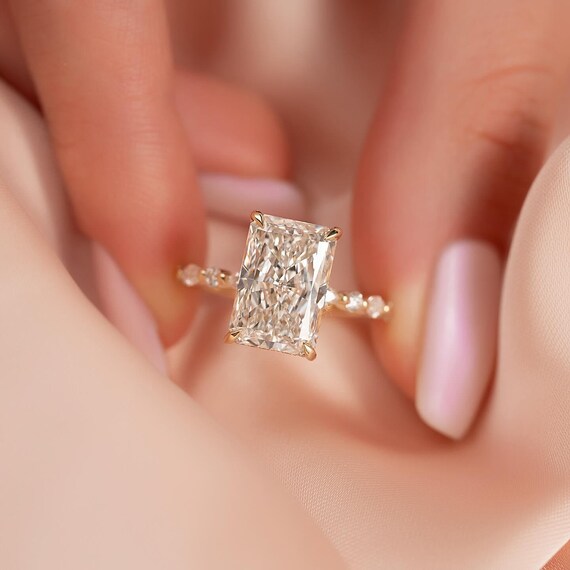 4CT Radiant Cut Moissanite Engagement Ring Radiant Solitaire Ring 14K Solid Gold Hidden Halo Ring Wedding Ring For Him Anniversary Gift