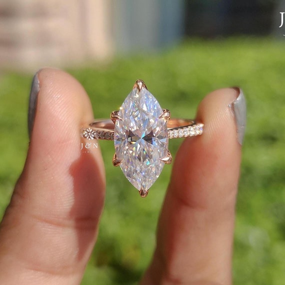 3CT Marquise Cut Moissanite Engagement Rings Marquise Tulip Pave Set Round Band Ring 14k Solid Gold Marquise Cut Anniversary Ring for Her