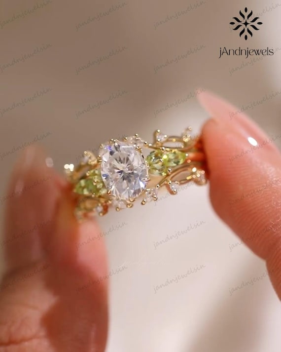Oval Nature Inspired 14K Solid Gold Ring Oval Cut Moissanite Engagement Ring Set Unique Wedding Ring For Women Bridal Set Ring Proposal Ring