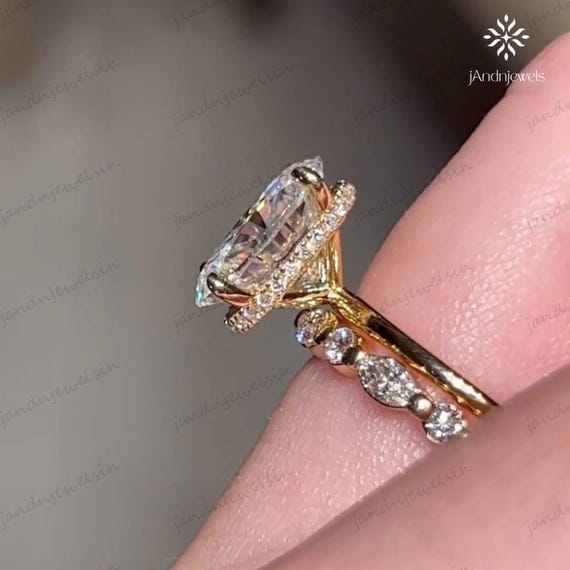 3 CT Oval Cut Moissanite Engagement Ring Set, 14K Solid Gold Bridal Ring Set, Hidden Halo Wedding Ring Set With Round & Marquise Cut Band