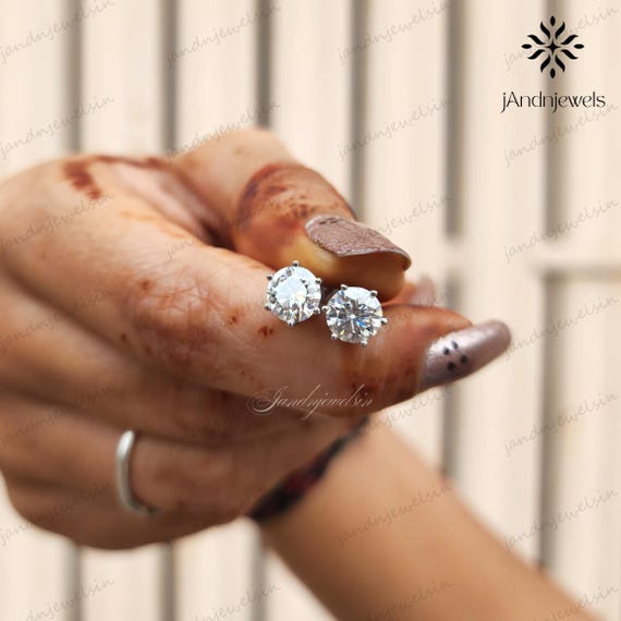 6.5MM Round Hearts and Arrows Cut Colorless Moissanite Stud Earrings Wedding Earrings Screw Back Earrings 14K White Gold Anniversary Gift