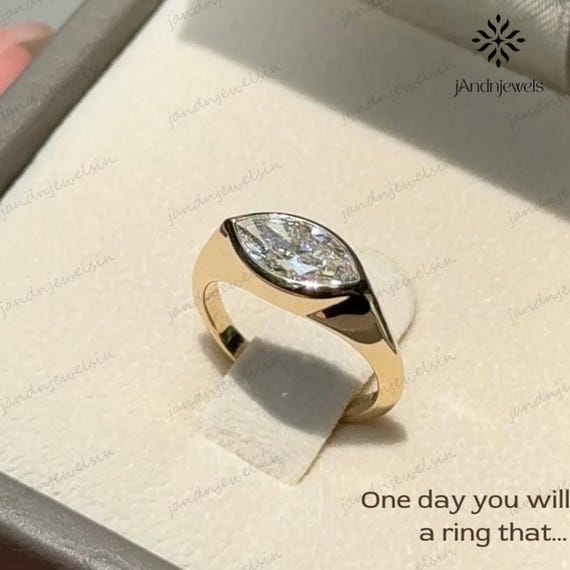 East West Ring, 1.5 CT Marquise Cut Moissanite Engagement Ring, 14K Solid Yellow Gold Ring, Bezel Set Ring, Solitaire Ring, Promise Ring