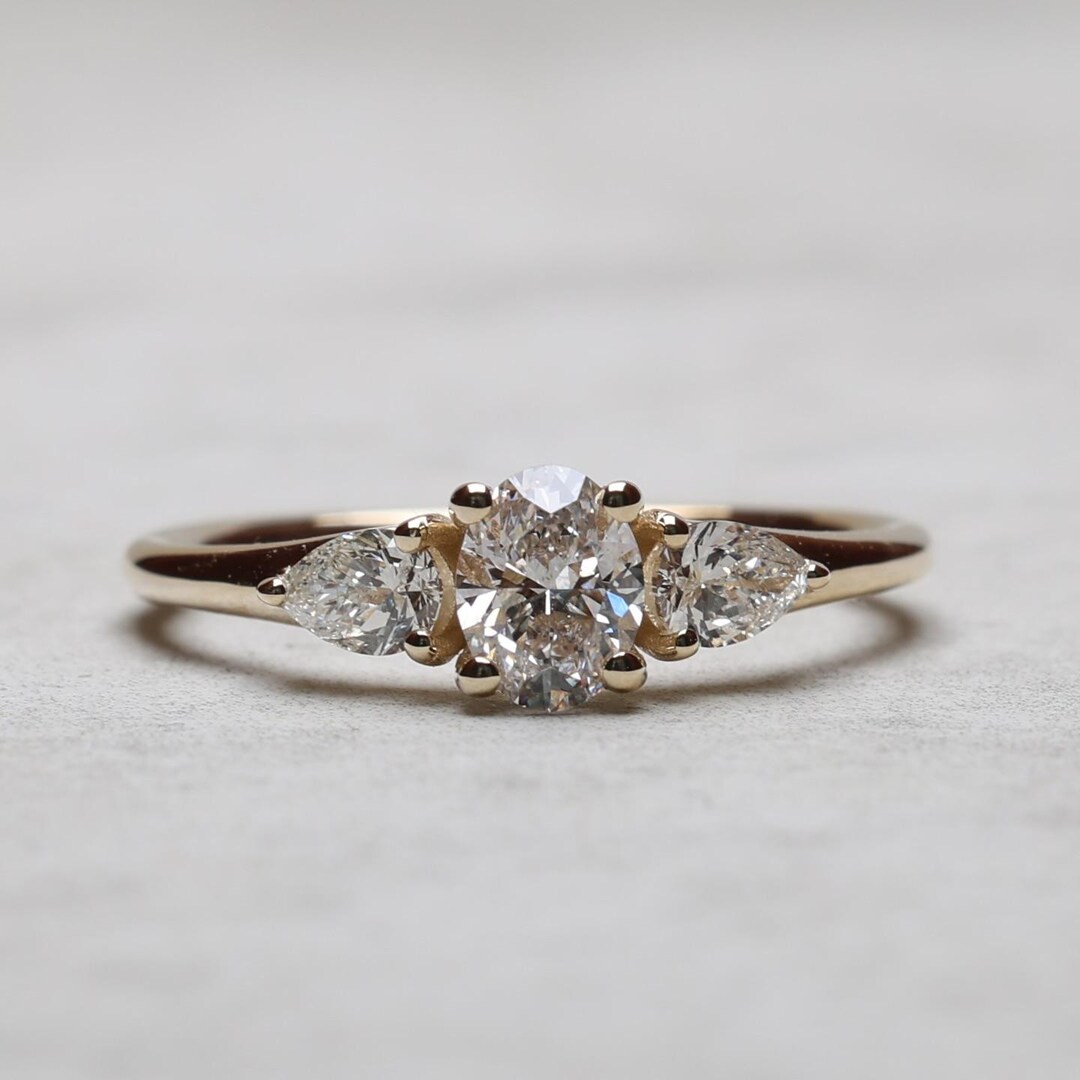 Three Stone Diamond Engagement Ring Pear Cut Side Stones 14k Gold ...