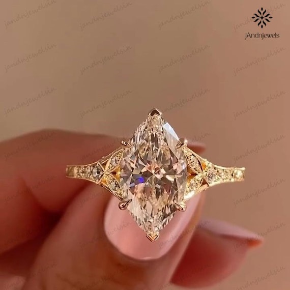 2.5CT Marquise Cut Moissanite Engagement Ring 14K Yellow Gold Vintage Filigree Solitaire Bridal Ring Wedding Ring Gift for Her Promise Ring