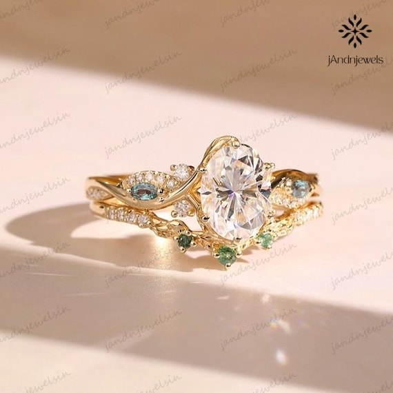 3CT Oval Moissanite Engagement Ring Set 14K Gold Vintage Floral Bridal Wedding Ring Unique Nature-Inspired Anniversary Gift for Her